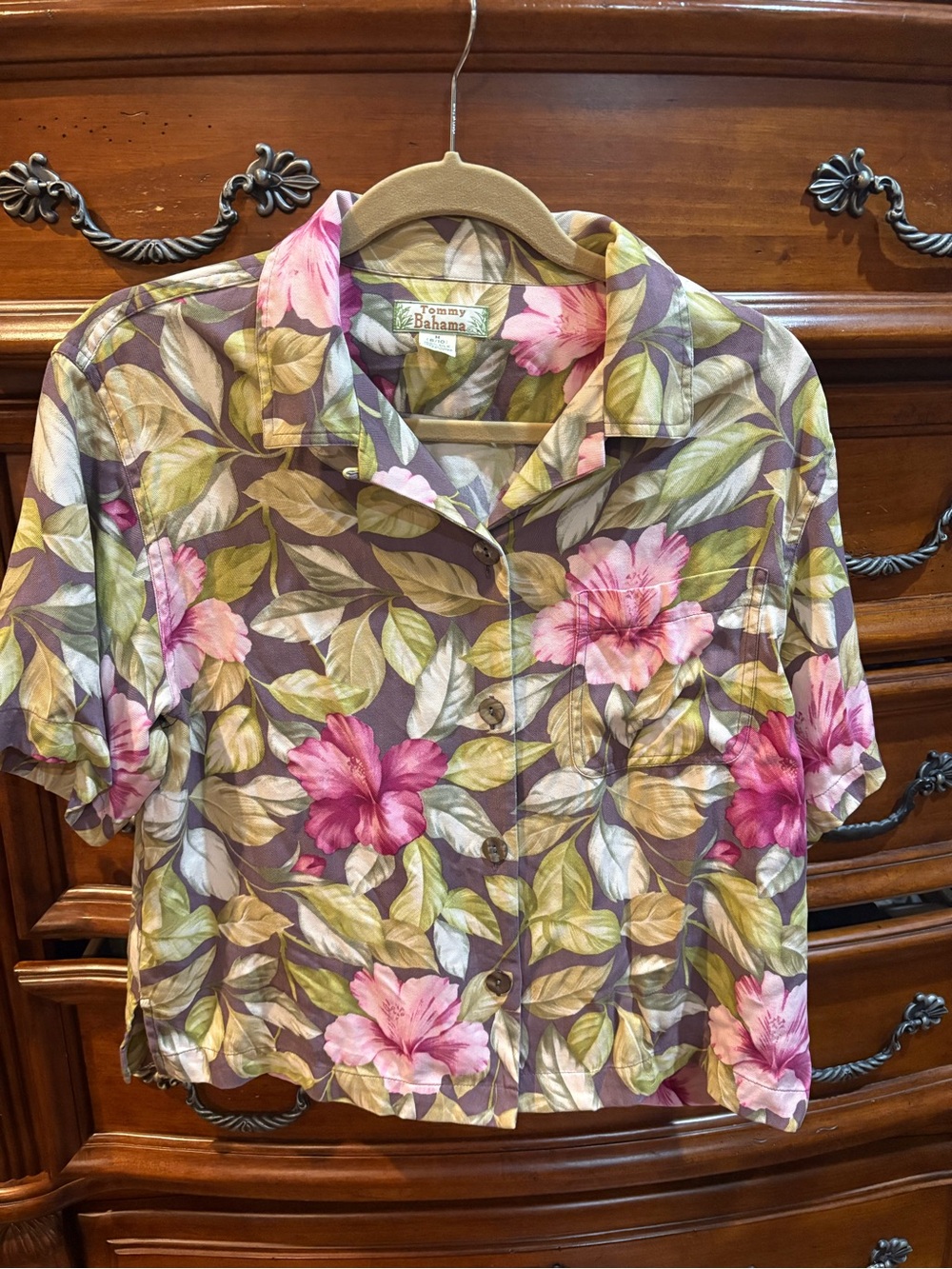 Vintage Tommy Bahama %silk Purple Floral Button-Down Camp Shirt - W-medium